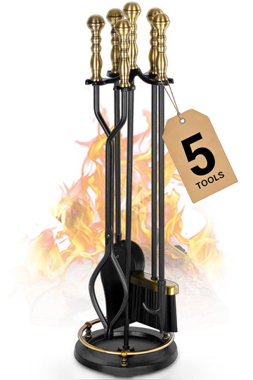 Fireplace Tools Set 5 Pcs Wrought Iron Large Fire Tool Set with Brass Handles for Outdoor/Indoor, Fireplace
