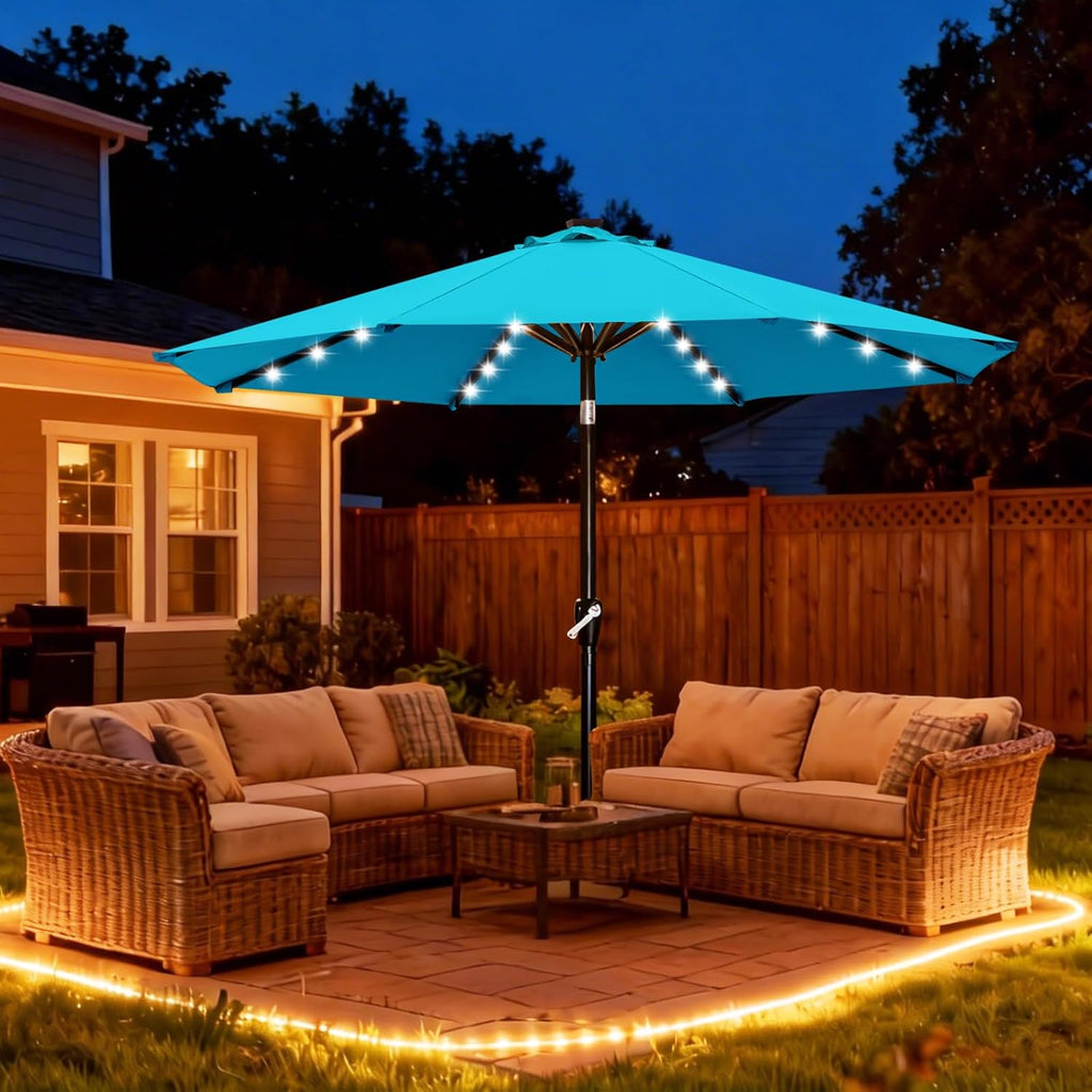 Durable Solar Led Patio Umbrellas with 32LED Lights 9FT (Turquoise)