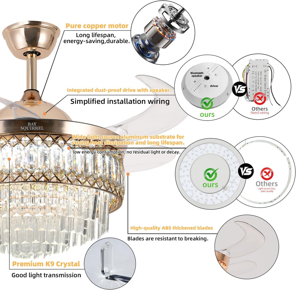 Retractable Crystal Ceiling Fan with Lights and Remote/APP Control, Bluetooth Ceiling Fan with Speaker, 6-Speed
