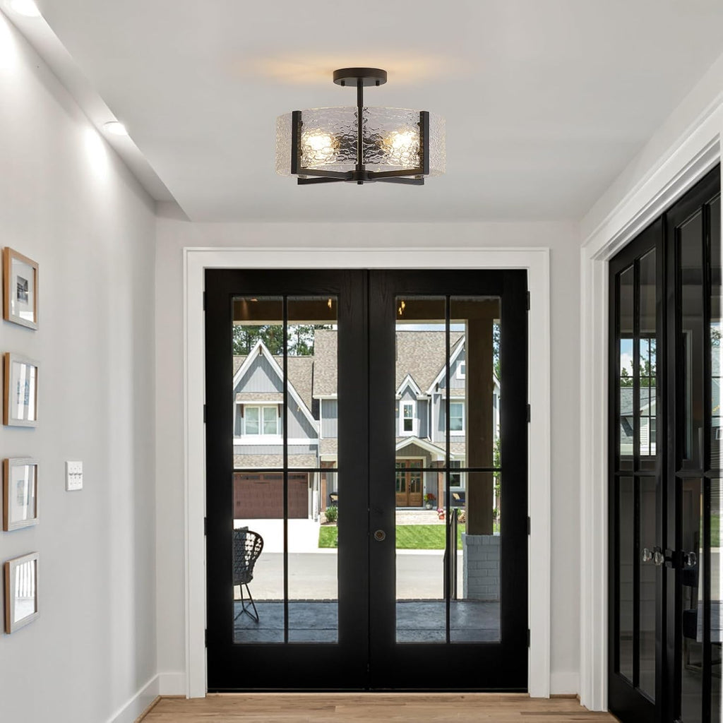 18" Black Large Semi Flush Mount Ceiling Light, 4-Light Farmhouse Ceiling Light, Foyer Light Fixtures Modern Glass