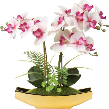 Orchids Artificial Flowers 15" Light Pink Phalaenopsis Orchid with Gold Pots Real Touch Faux Orchid Plant Living Room