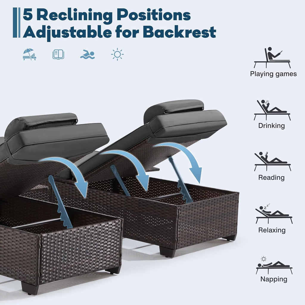 Outdoor Lounge Chairs, Pool Lounge Chairs Set of 2, Outdoor Chaise Lounge with Adjustable Backrest & Cup Holder,Grey