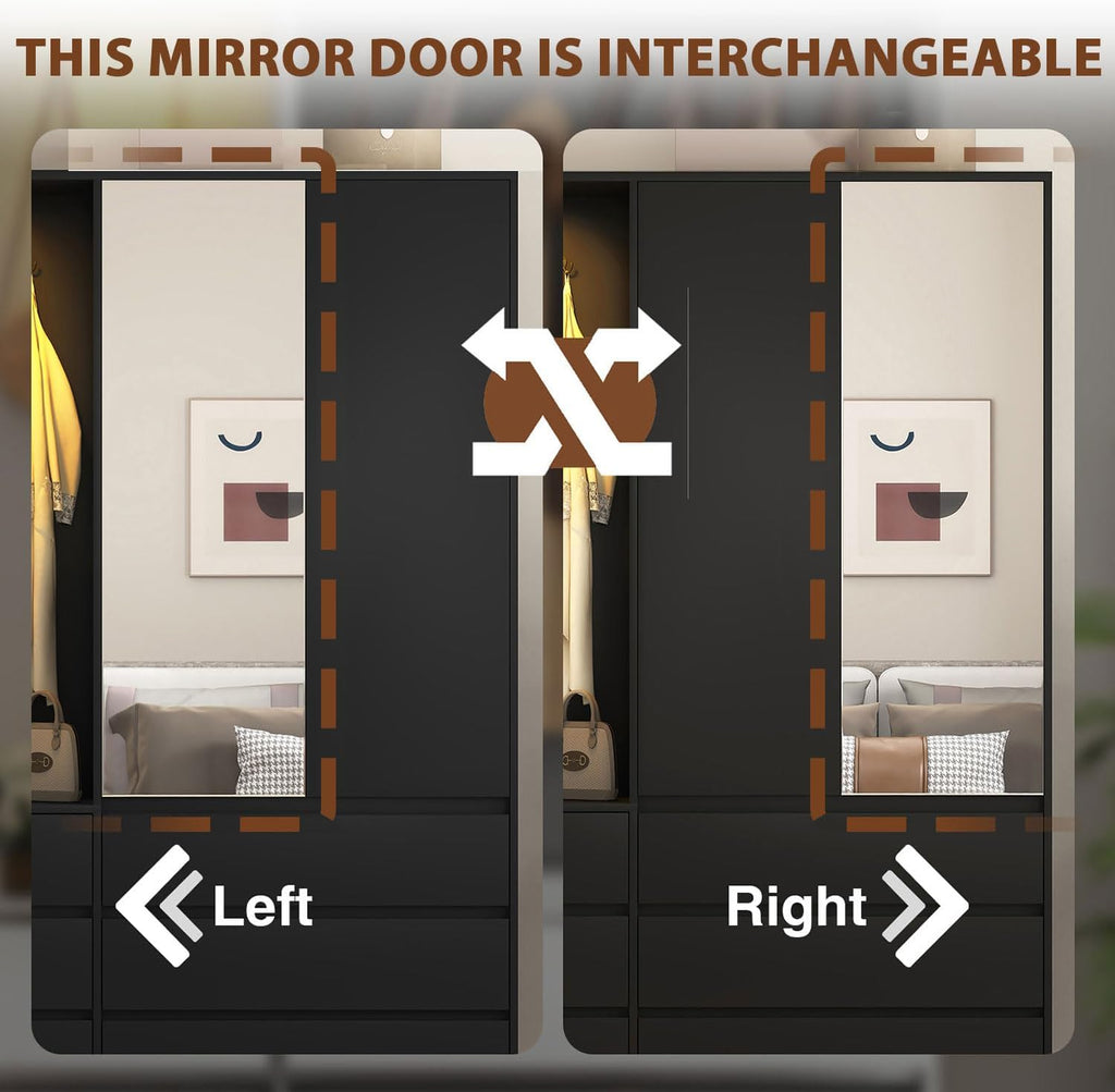 Black Wardrobe Closet with Mirror and LED Light, Armoire Wardrobe with 6 Drawers, Hanging Rod, Open Shelves