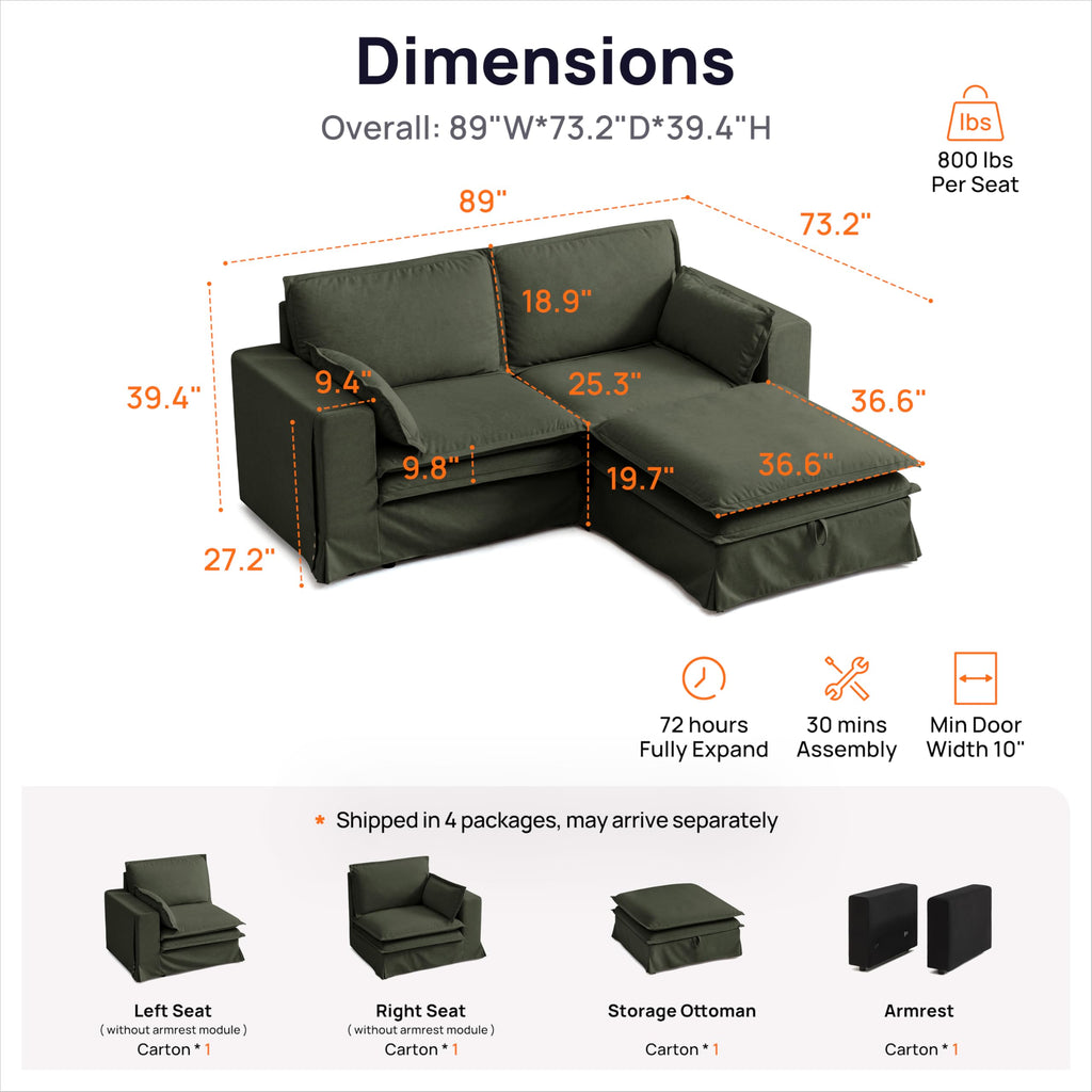 89" Washable Oversized Modular Sectional Sofa Couches, Green
