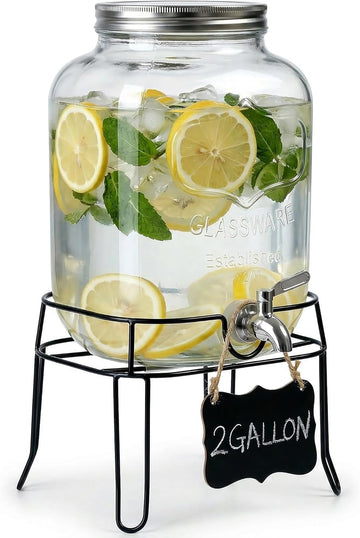 2 Gallon Glass Drink Dispenser,Beverage Dispenser with Stand,Lemonade Dispenser with 304 Stainless Steel Spigot