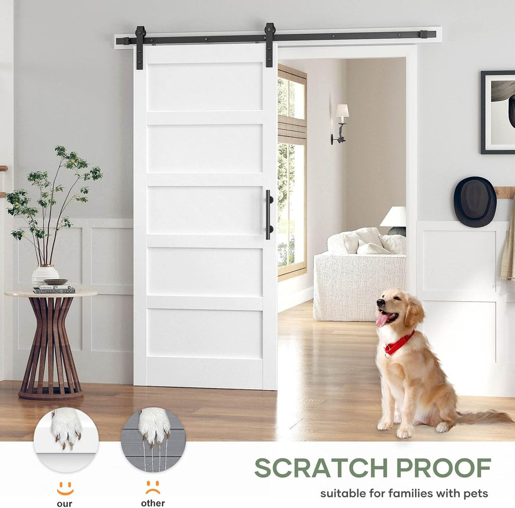 36x84 Inch White Sliding Barn Door Slab with 6.6ft Hardware Kit Included, 5-Panel, MDF Wood Panel Co