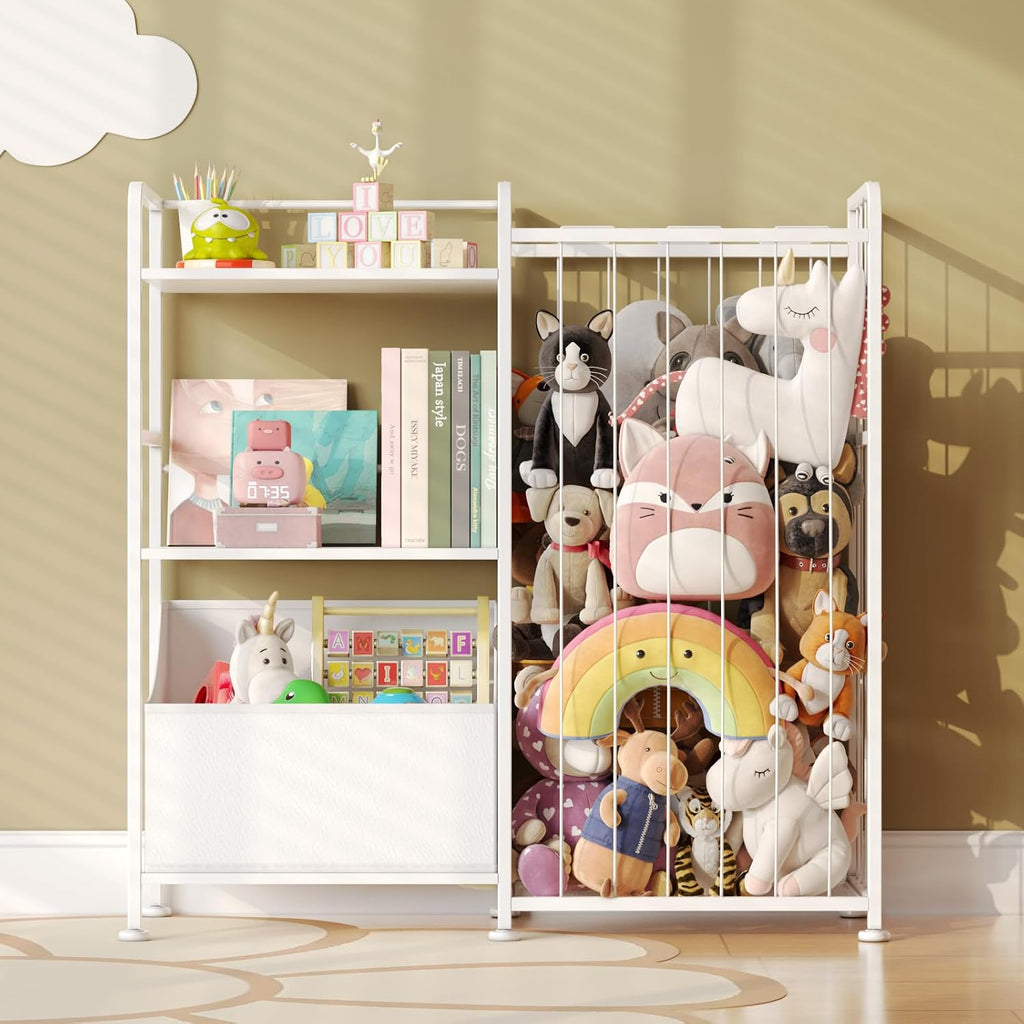 Kids Bookshelf and Toy Storage Organizer, Stuffed Animal Storage Holder with Fabric Toy Chest, 2-Tier Toddler Book