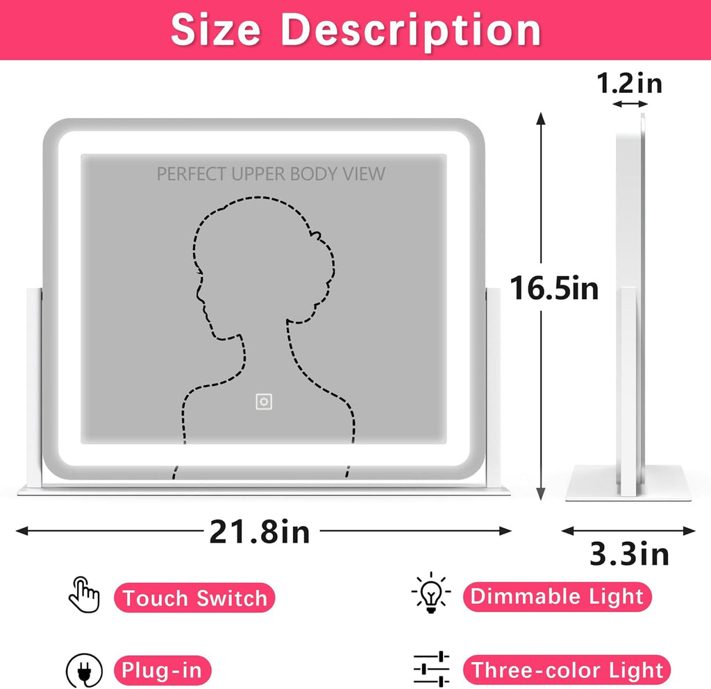 Large Vanity Mirror with Lights, 22"x17" Lighted Makeup Mirror for Desk, 3 Color Dimmable LED Lights, Smart Touch