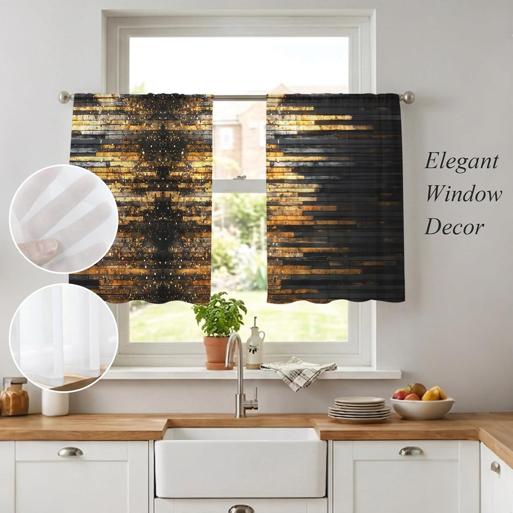 Sheer Curtains 45 Inches Long, Luxury Golden Black Light Filtering Window Curtains, Geometric Art Deco Modern Rod