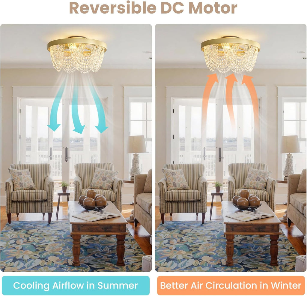 Crystal Caged Ceiling Fans with Lights Flush Mount, 20 inch Crystal Fandelier Ceiling Fan with Light and Remote