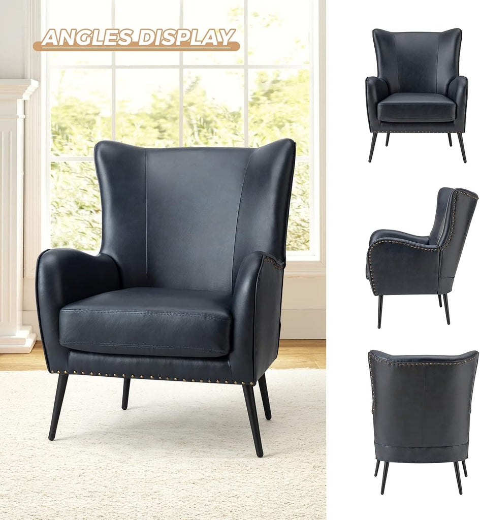 Faux Leather Accent Chair, Navy | Wingback design with removable cushion, nailhead trim, and metal legs , reading