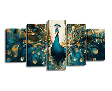 Peacock Wall Art 5 Piece Green and Gold Peacock Picture Canvas Prints Animal Painting Prints Modern Artwork Wall