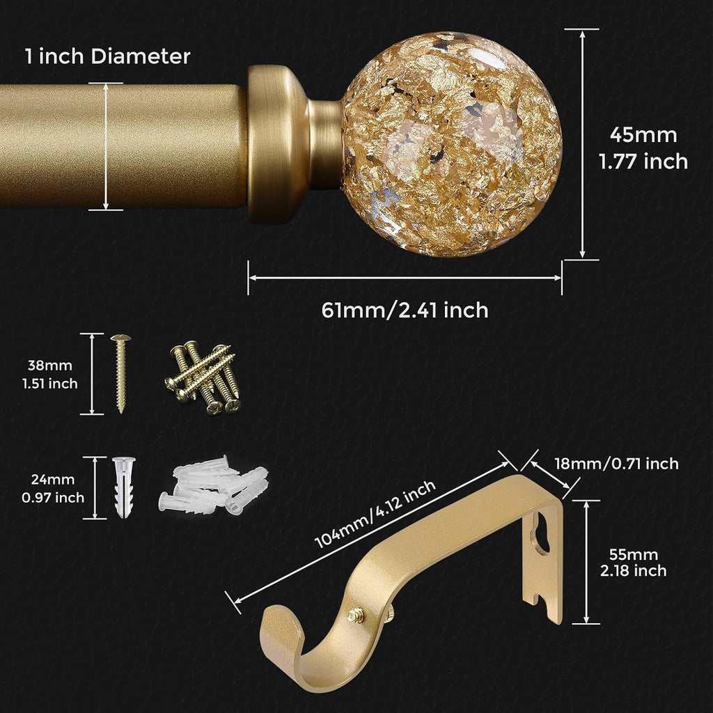 Gold Curtain Rods for Windows, 1'' Heavy Duty Adjustable Drapery Rod with Unique Crystal Ball Finials