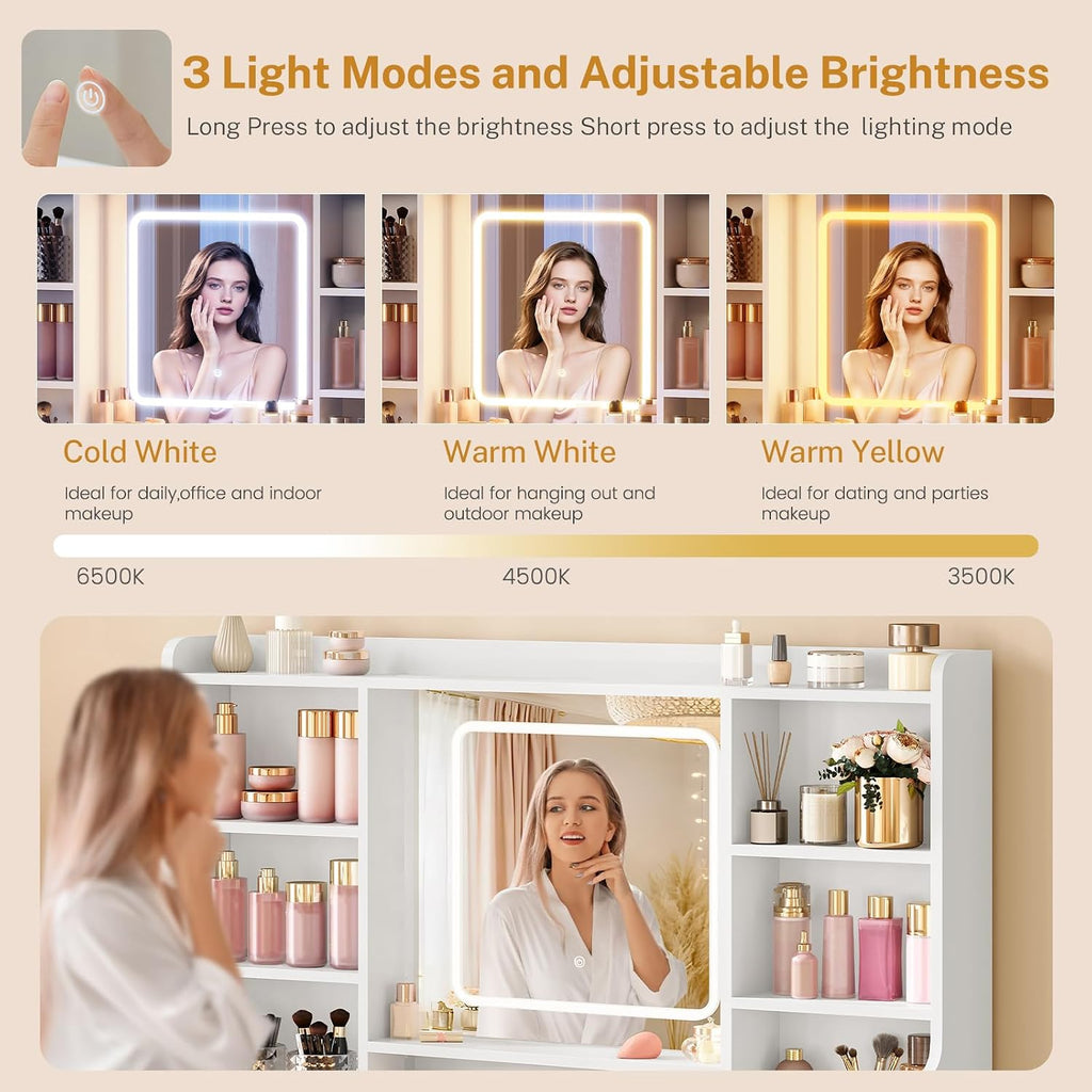 Vanity Desk with Mirror and Lights, 42" Large Makeup Vanity with Glass Top with 3 RGB Drawers, 2 Large Transparent
