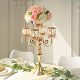 Gold Candelabra Candle Holders, Elegant Bling Centerpiece with Pendant Crystal Table Decorations 5 Arms Candlesticks