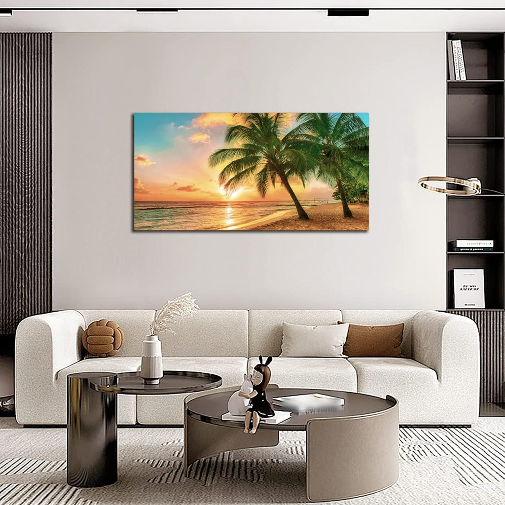 Beach Wall Art Ocean Canvas Wall Decor Tropical Palm Tree Picture for Wall Coastal Painting Gold Sunset Art Print