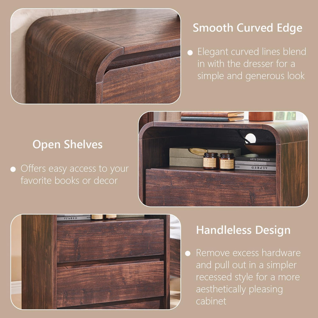 25" Tall Modern Nightstand with Charging Station, 23.6'' Wide Wood Bedside Table w/2 Storage Drawers, Large Mid