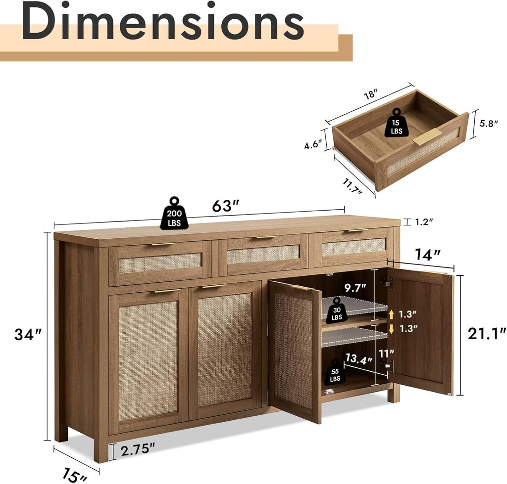 63" Rattan Sideboard Buffet Cabinet, Boho Storage Cabinet with Adjustable Shelves
