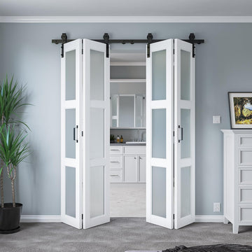 60" x 84" Bifold Sliding Barn Door with Hardware Kit Included, Pre-Assembled Glass Barn Doors with W