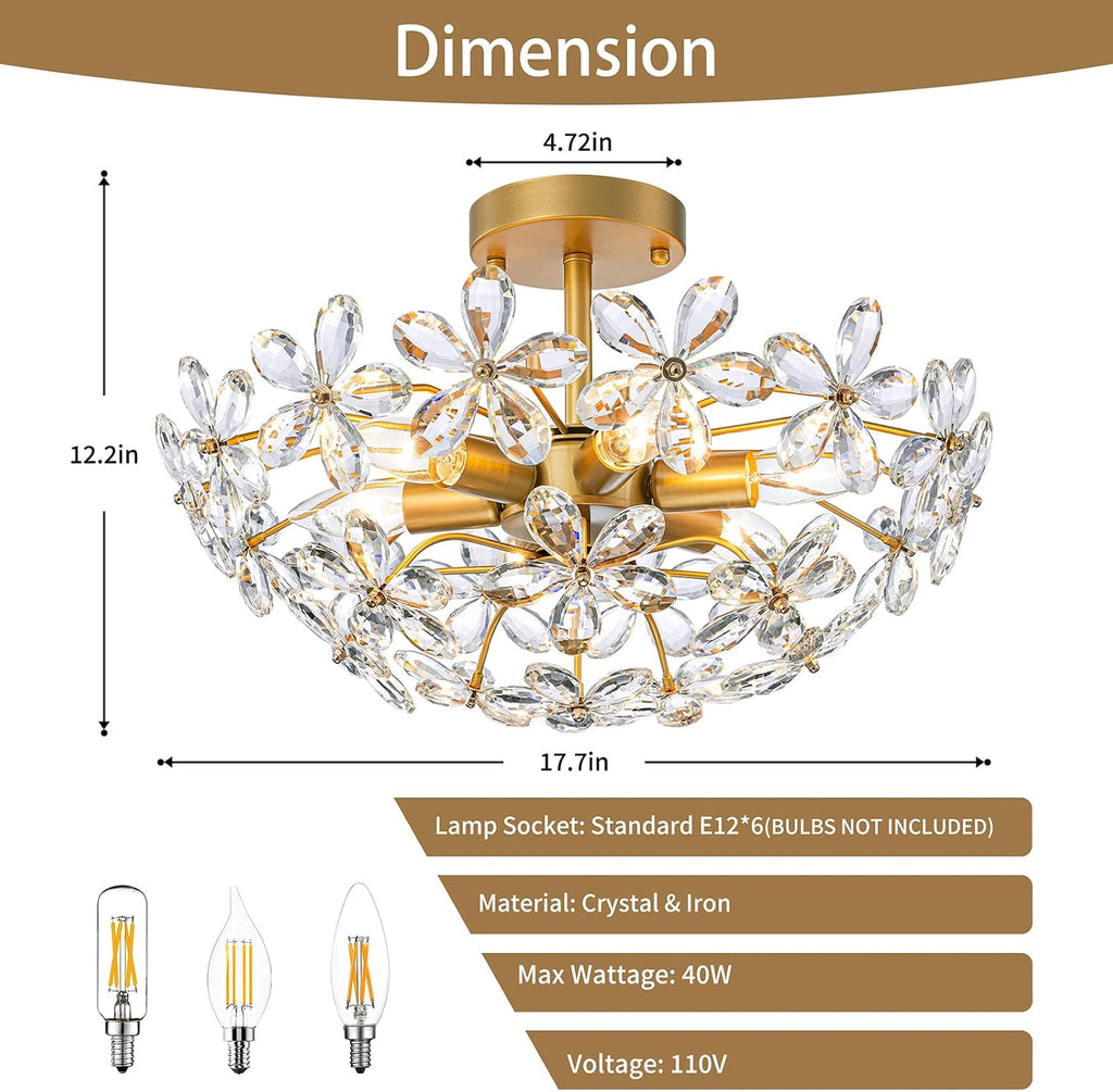 Bedroom Flower Ceiling Light, Brass Gold Flush Mount Chandelier, 17.7 Inch 6-Light Modern Crystal