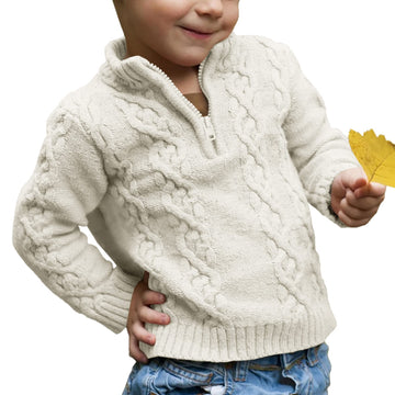 Toddler Boys' Girls' Cable Knit Pullover Sweater Quarter Zipper Long Sleeve Fall Winter Knitwear Outfit Beige