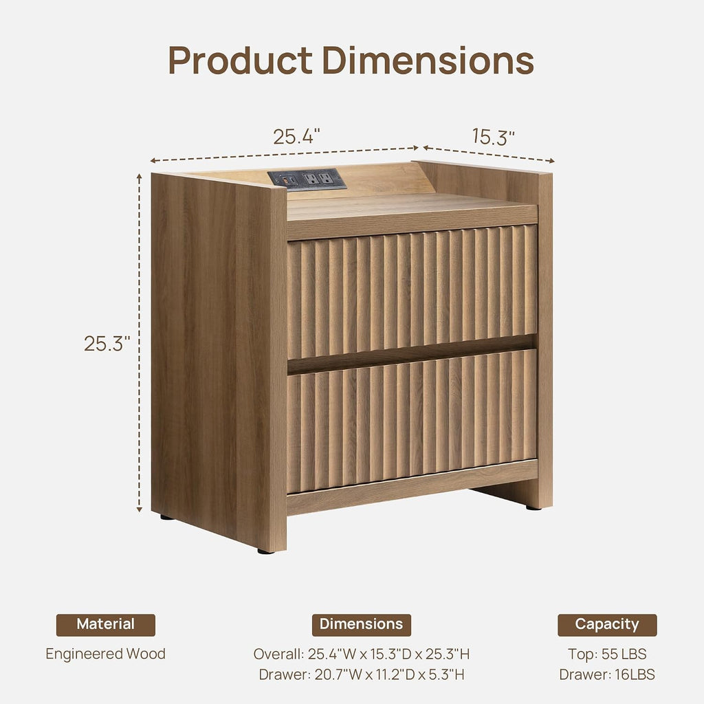 Night Stands Set of 2-Fluted Nightstands with Charging Station- Modern 2 Drawers Nightstand 25" Tall Bedside Table