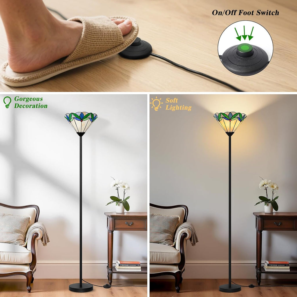 Floor Lamp with Tree Leaf Stained Glass Shade, Torchiere Floor Lamp, Tall Corner Pole Lamp with Foot Switch
