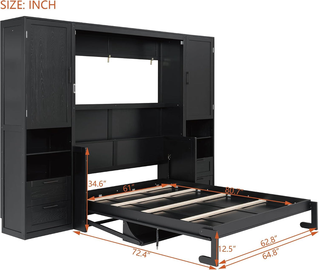Queen Murphy Bed with Desk, Closet, Drawers and Shelves, Fold into The Wall, Space-Saving Foldable Wood Platform Bed