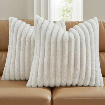 Pack of 2 Fluffy Faux Fur Throw Pillow Covers 18x18 Inch Elegant Striped Textured Decorative Cushion Cases Modern