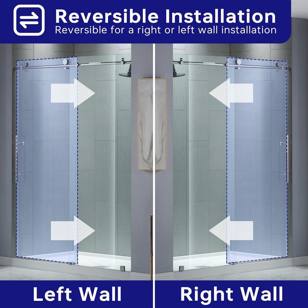Frameless Sliding Shower Door, 56" - 60" Width, 76" Height, 3/8" (10 mm) Clear Tempered Glass, Chrome Finish
