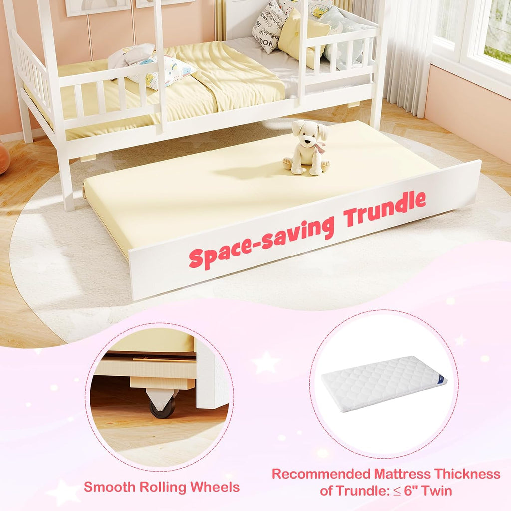 Tw Bed with Trundle Bed Twin, Wooden Montessori Bed Frame with Roof & Safety Guardrail for Kids, Teens, Boys or