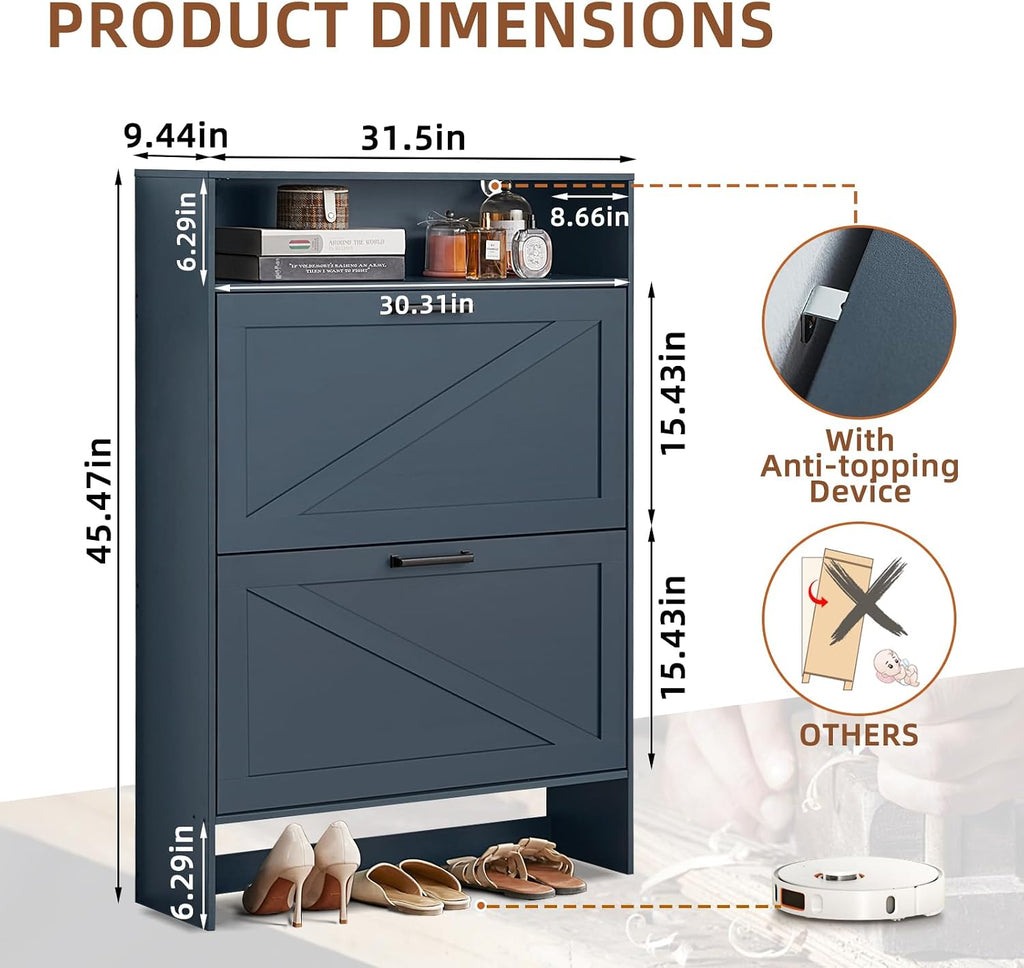 Shoe Cabinet Storage with 2 Flip Drawers Open Storage Layer Rack Narrow Organizer Slim Hidden Wood Shoe Cabinet