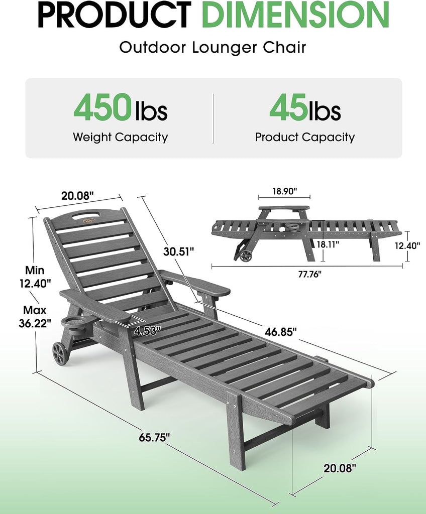 Oversized HDPE Outdoor Chaise Lounge Chair Set of 2, Dark Grey | All-Weather HDPE lounge chair, 5-level adjustable
