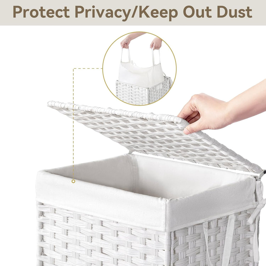 Wicker Laundry Basket with Wheels,Rolling Laundry Hamper with Lid | 90L Slim Clothes Hamper with Wheels & Removable