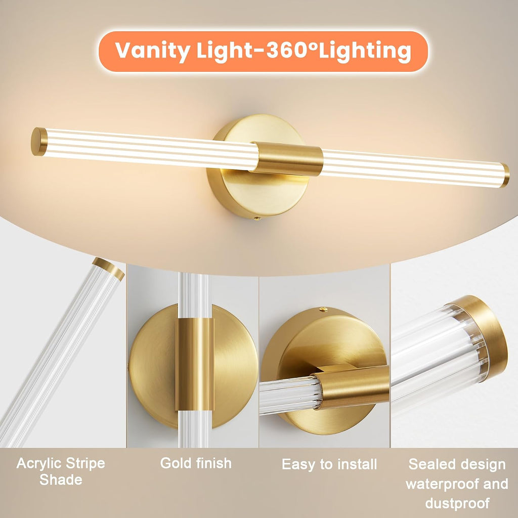 Gold Wall Sconces Set of Two Hardwired LED Vanity Light 23" | Dimmable 5CCT LED Bathroom Light Fixtures, 360° Full