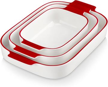 Ceramic Casserole Dishes Set of 3, Red Trim Dish for Oven | 9x13 Rectangular Lasagna Pans with Handles, Microwave