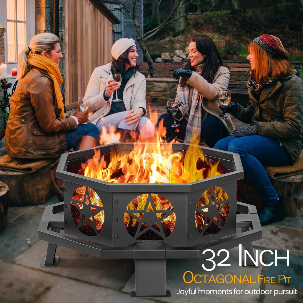 32 Inch Outdoor Octagonal Fire Pit with Fire Poker Black