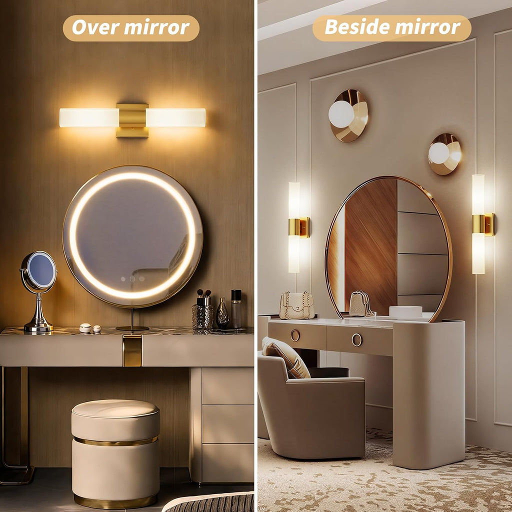 Wall Sconces Set of Two, Modern 21" Vanity, Frosted Glass, Gold | Indoor Wall Light Fixture. , Mirror, Bedroom