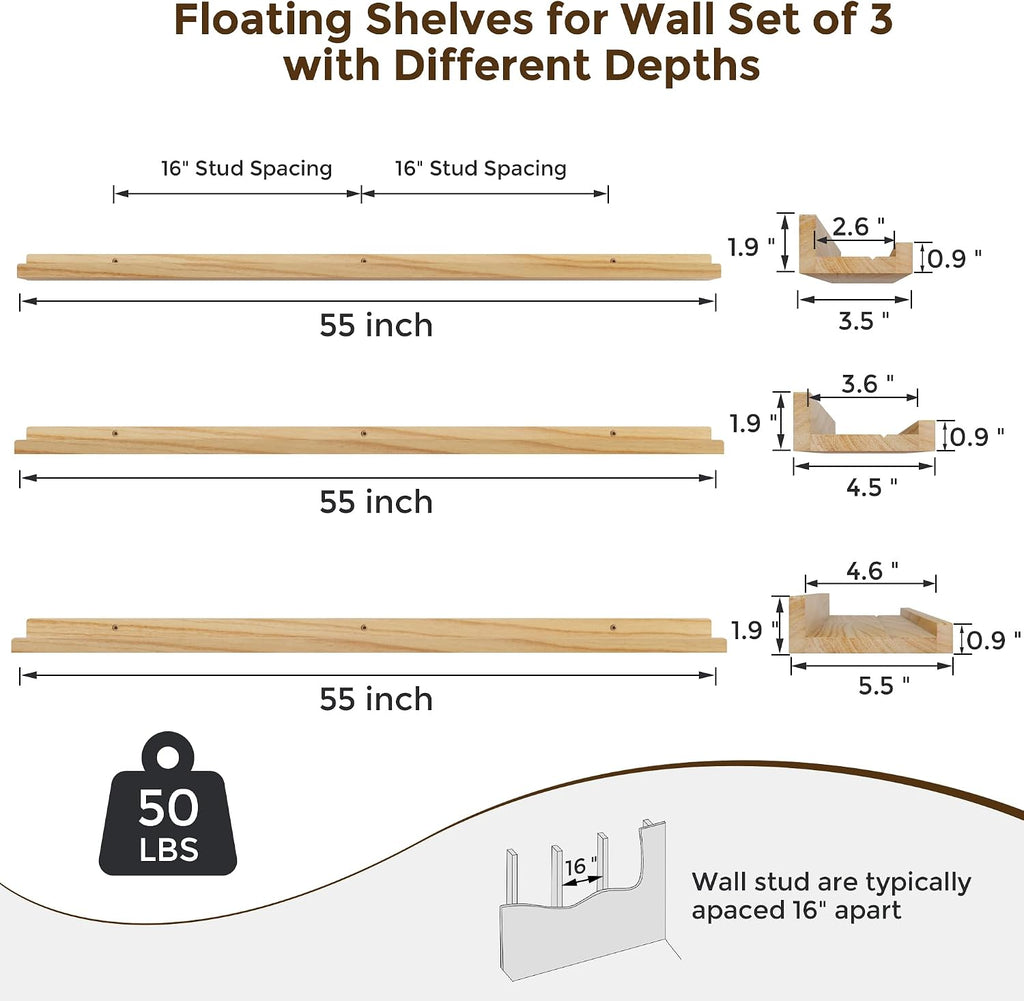 Floating Shelves for Wall, 55 inch Solid Wood Picture Ledge Shelf for Wall Storage, Nursery Book Shelves with Lip