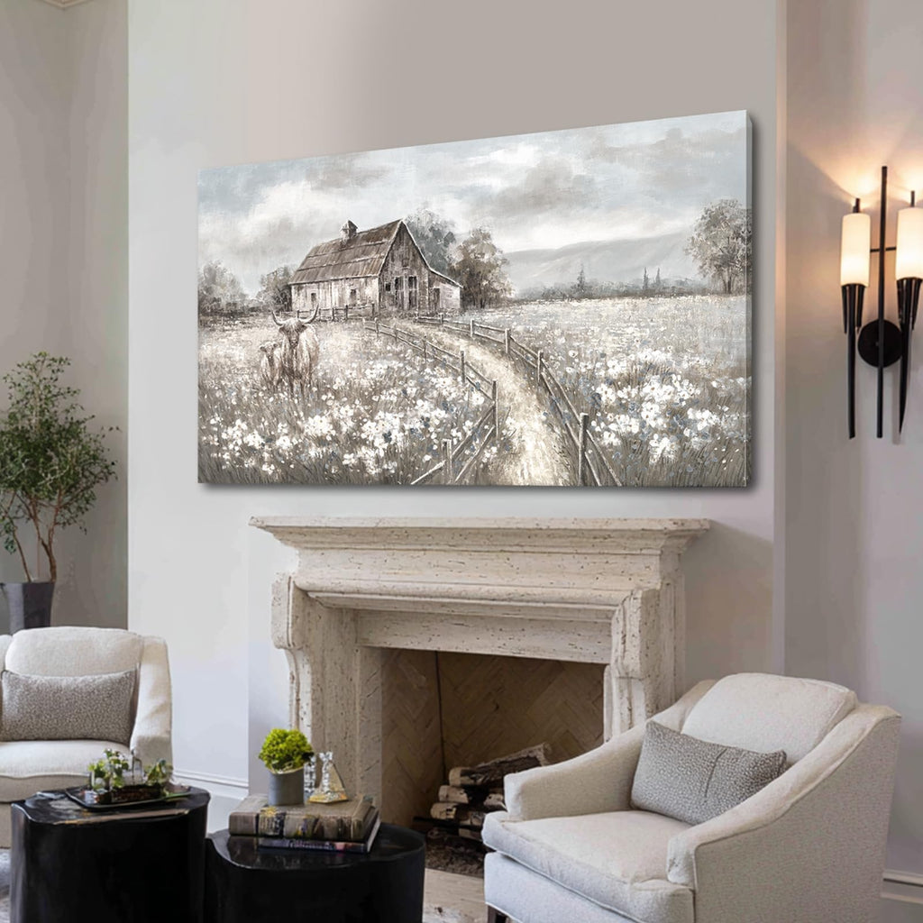 Neutral Greige Highland Cow Canvas Wall Art, Rustic Country Cottage Landscape with Meadow Flowers, Large Horizontal