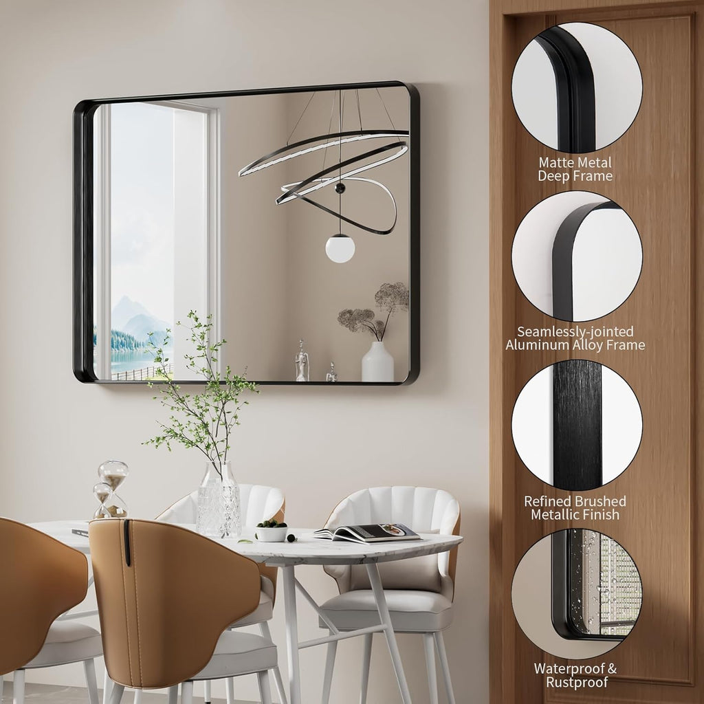Black Wall Mirror , 30x48 Inch Matte Deep Framed Rounded Rectangle Vanity Mirror for Farmhouse Living Room, Tempered