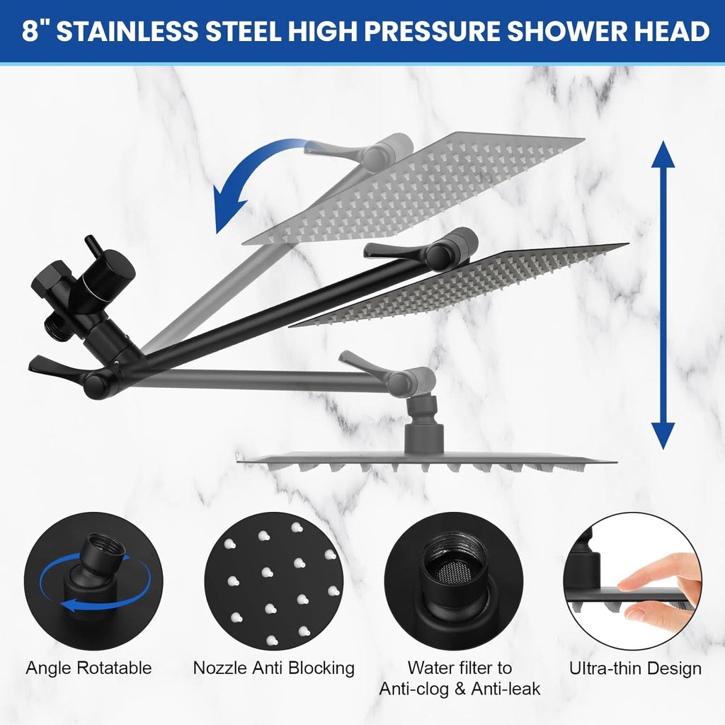 Shower Head, 8‘’ High Pressure Rainfall Shower Head/Handheld Shower Combo with 11'' Extension Arm