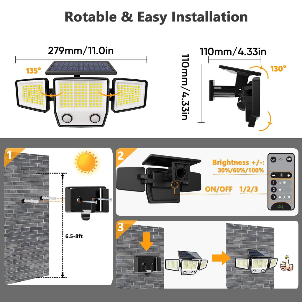 Solar Motion Sensor Outdoor Lights Waterproof - 3 Modes Security Lights Outdoor 270° Illumination IP65 LED