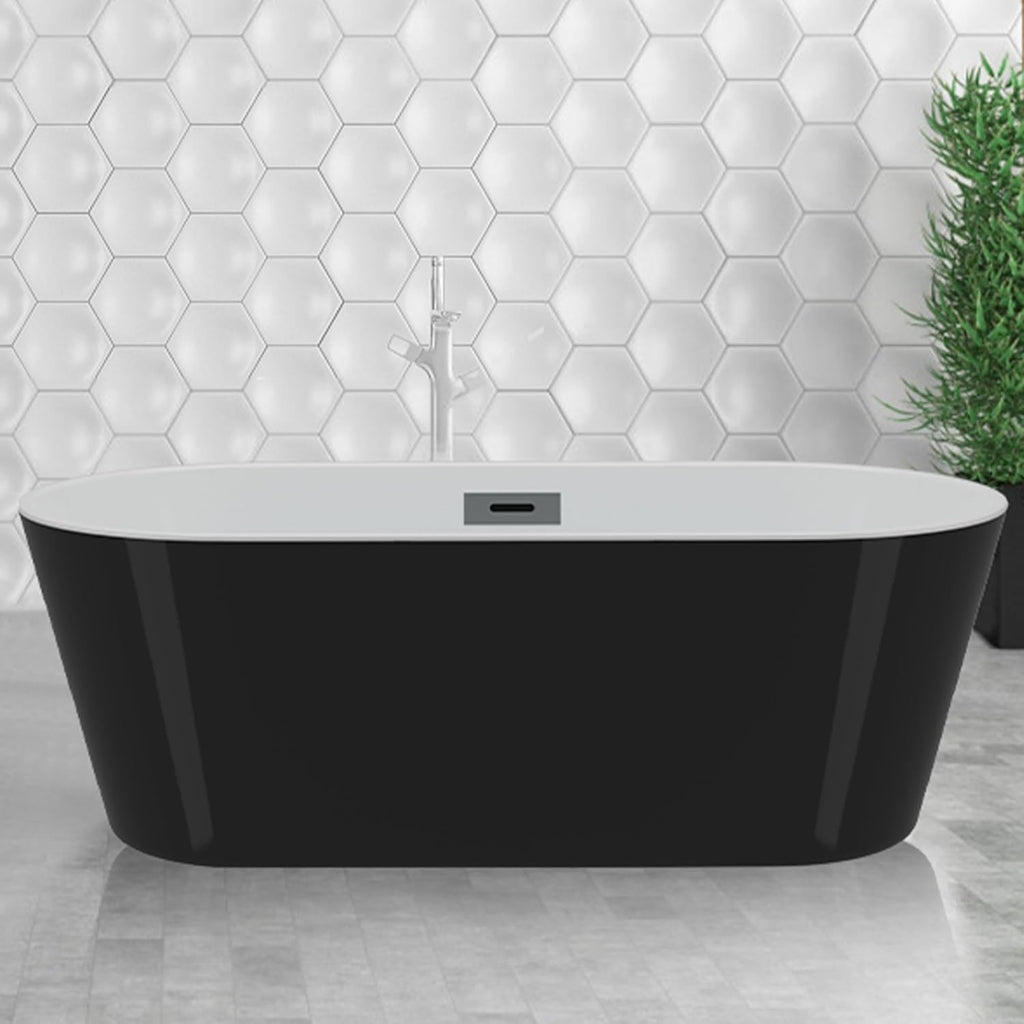 59 Inch Freestanding Bathtub, Acrylic, Deep Soaking Tub with Non-Slip Base, Modern Black Free Standing Tub for