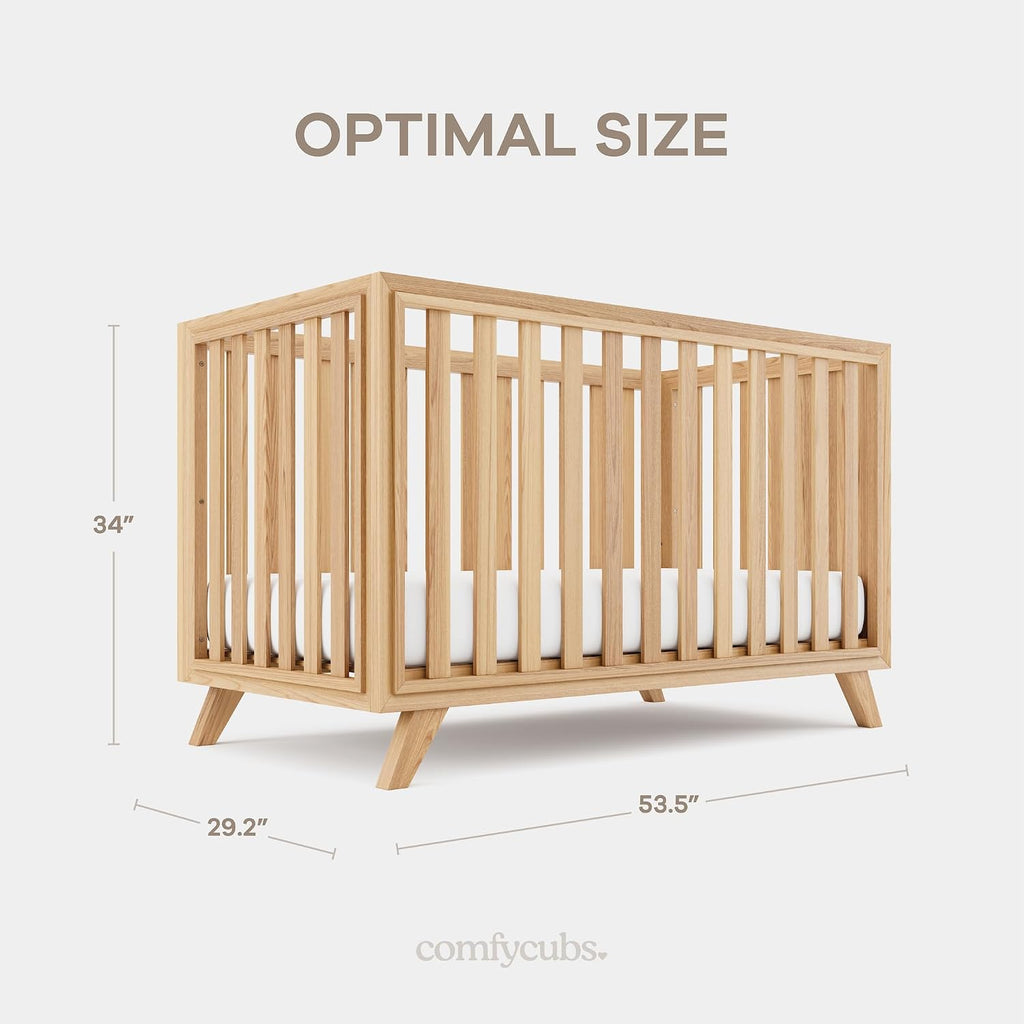 Crib for 0 to 3 Years - Adjustable Mattress Height, Natural Wooden Crib for Baby, Elegant Nursery Furniture, Designed