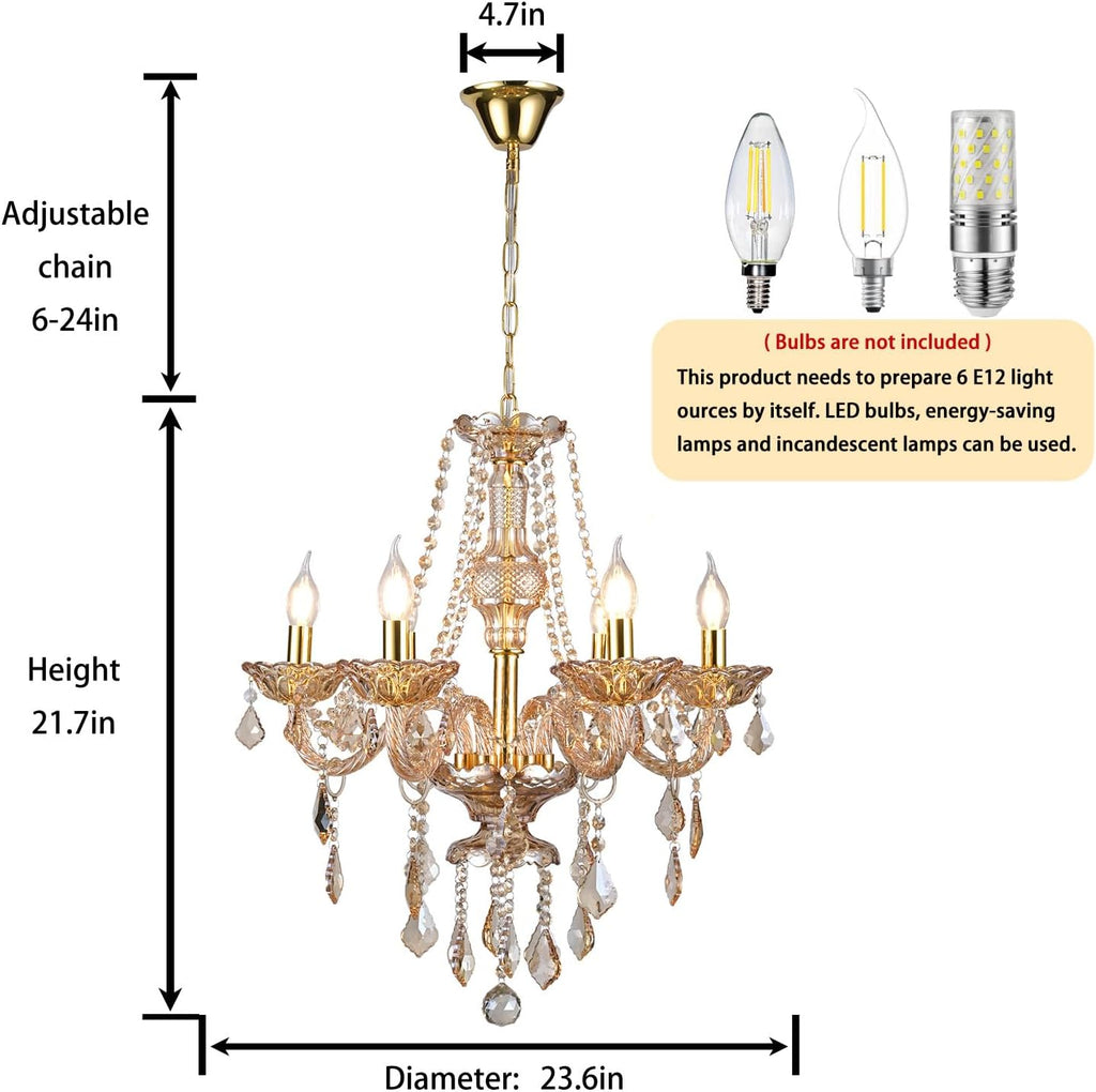Luxury Amber K9 Crystal Chandelier 6-Light Candle Style Modern Pendant Ceiling Fixture Compatible with E12 Bulbs for Living Room Dining Room Bedroom Hallway Entry (6 Lights)