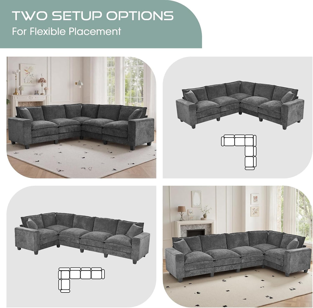 97" 5 Seater L Shaped Couch Corner Sofa, Oversized Cloud Couch with 2 Pillows Chenille Modular Sectional Sofa