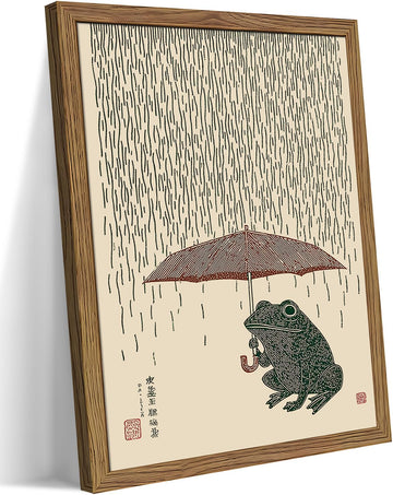 Funny Japanese Frog Wall Art, Minimalist Abstract Animal Canvas Wall Decor Painting, Zen Vintage Holding an Umbrella