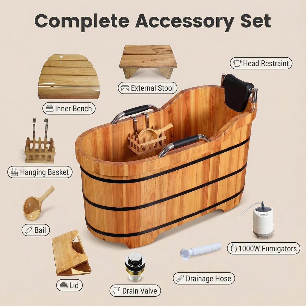Natural Cypress Wood Hot Tub with Steam Lid & Non-Slip Handrails - 47" Freestanding Spa Bathtub for Adults and Kids