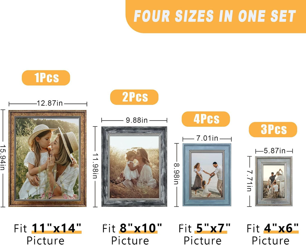 Picture Frames Collage Wall Decor 10-Pack, Gallery Wall Frame Set with 11x14 8x10 5x7 4x6 Frames in 4 Different Finishes - Set of 10